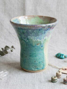 Hand Thrown Studio Pottery Vase Turquoise Drip Glaze Signed